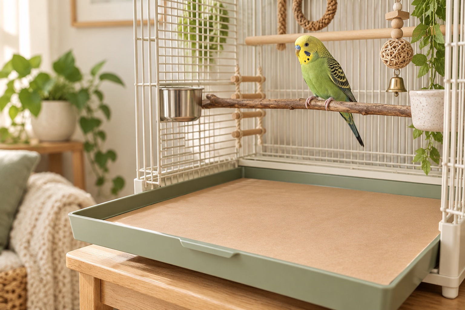 Bird in a cage above a fitted paper tray liner