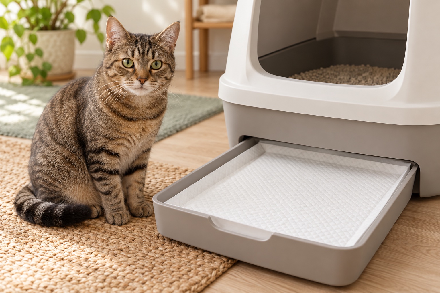 Cat beside an absorbent pad in a litter box tray